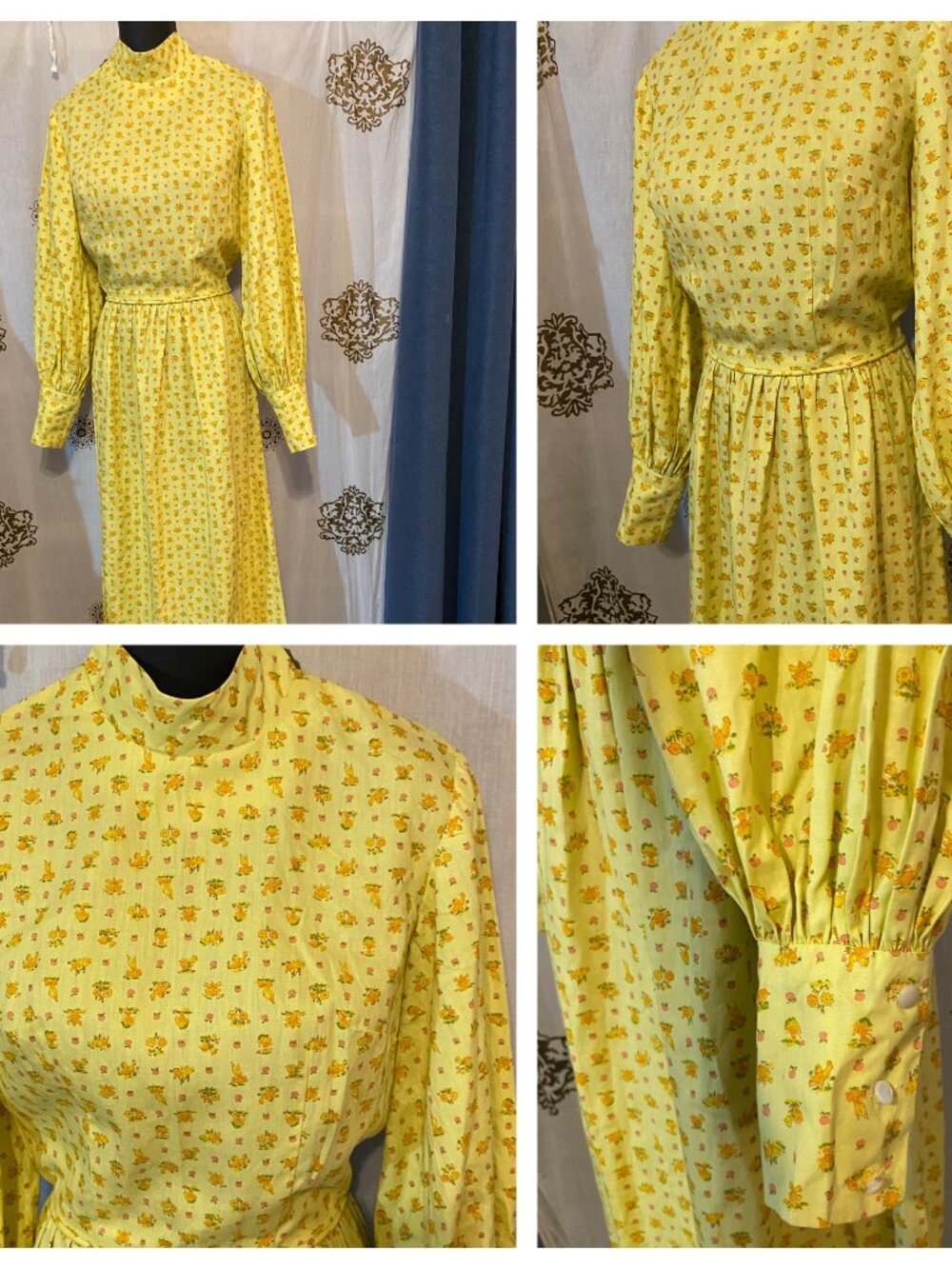 Vintage 60s 70s Yellow Ditsy Print Prairie Festival Maxi Dress Victorian Hippie